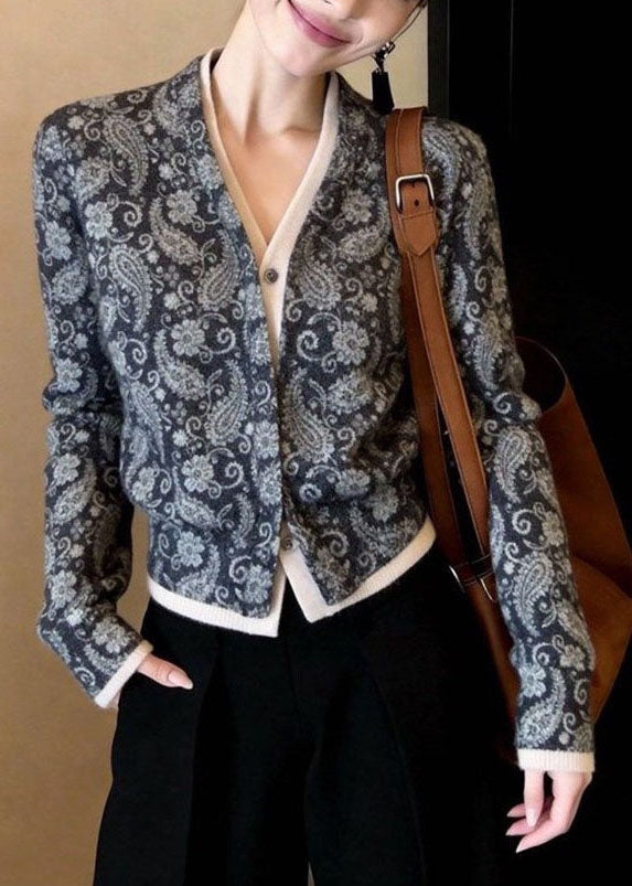 French Grey V Neck Print False Two Pieces Cotton Top Fall