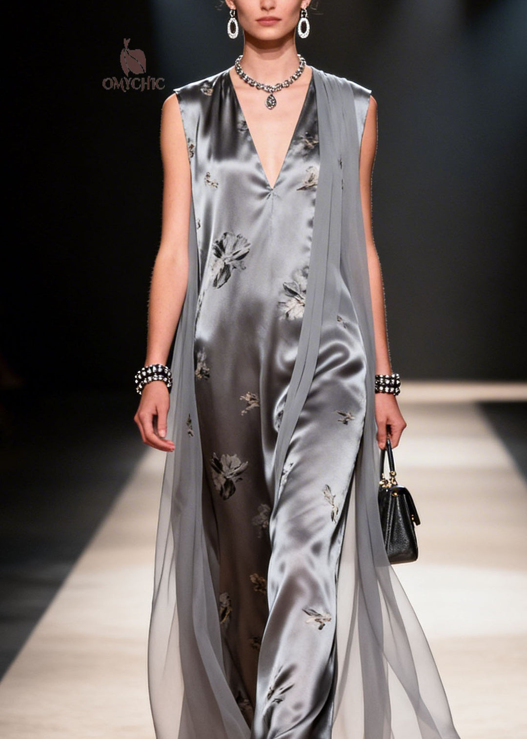 French Grey V Neck Print Patchwork Chiffon Dress Summer