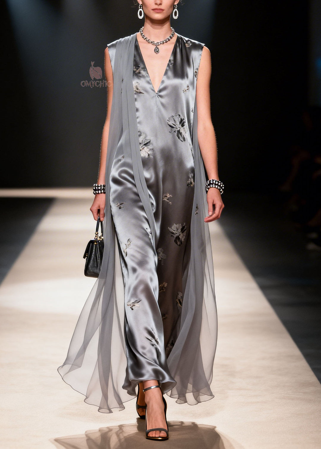 French Grey V Neck Print Patchwork Chiffon Dress Summer