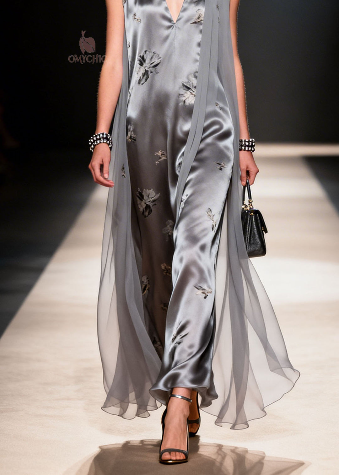 French Grey V Neck Print Patchwork Chiffon Dress Summer
