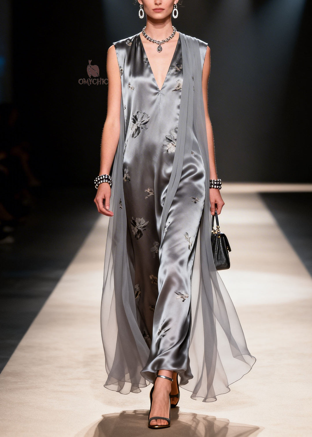 French Grey V Neck Print Patchwork Chiffon Dress Summer