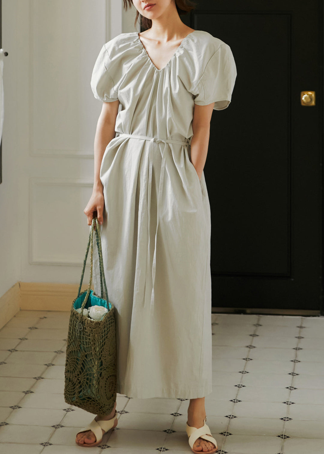 French Grey V Neck Puff Sleeve Cotton Long Dresses