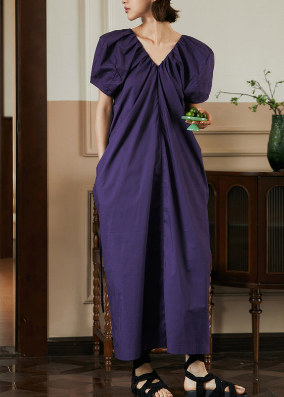 French Grey V Neck Puff Sleeve Cotton Long Dresses