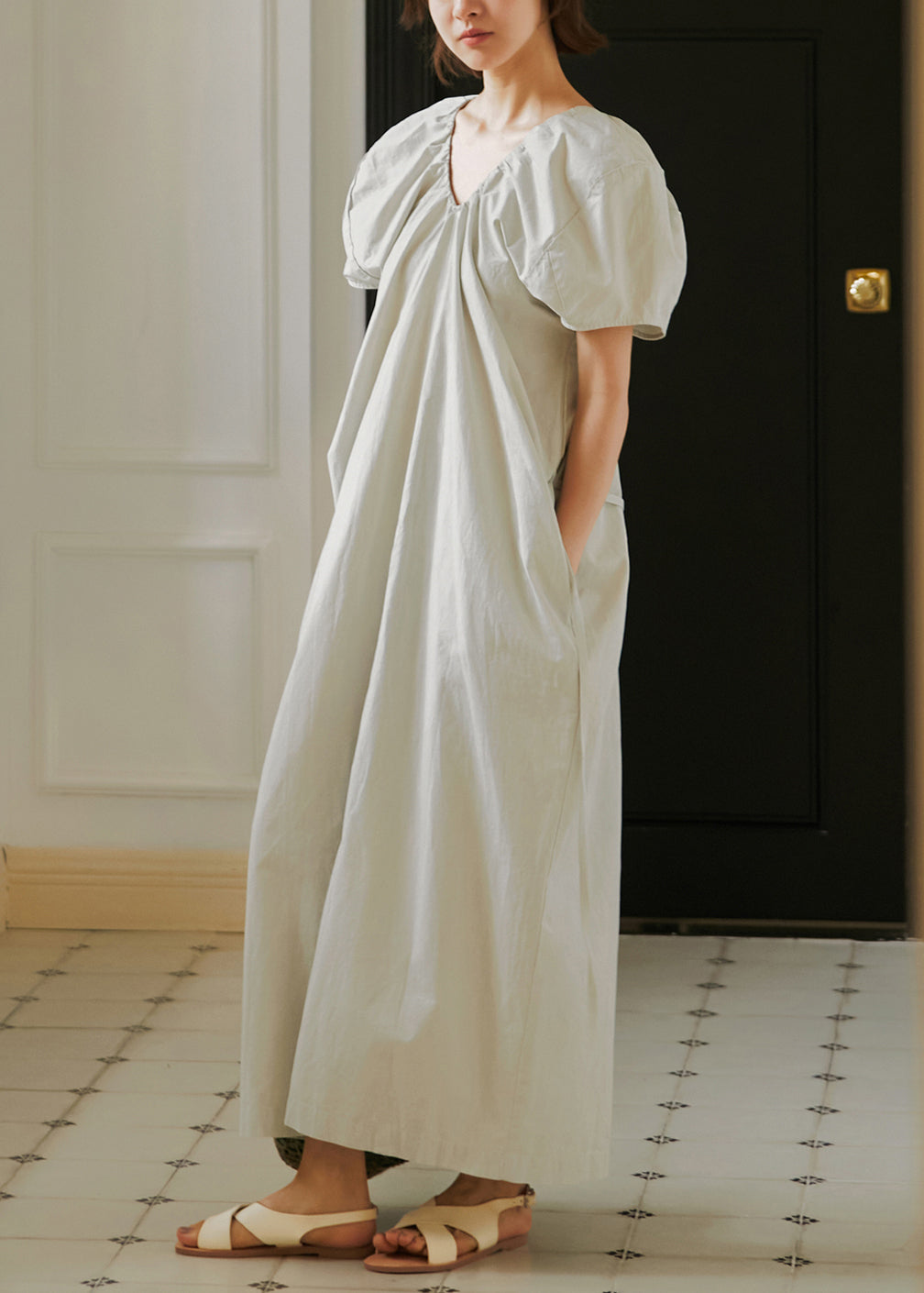 French Grey V Neck Puff Sleeve Cotton Long Dresses