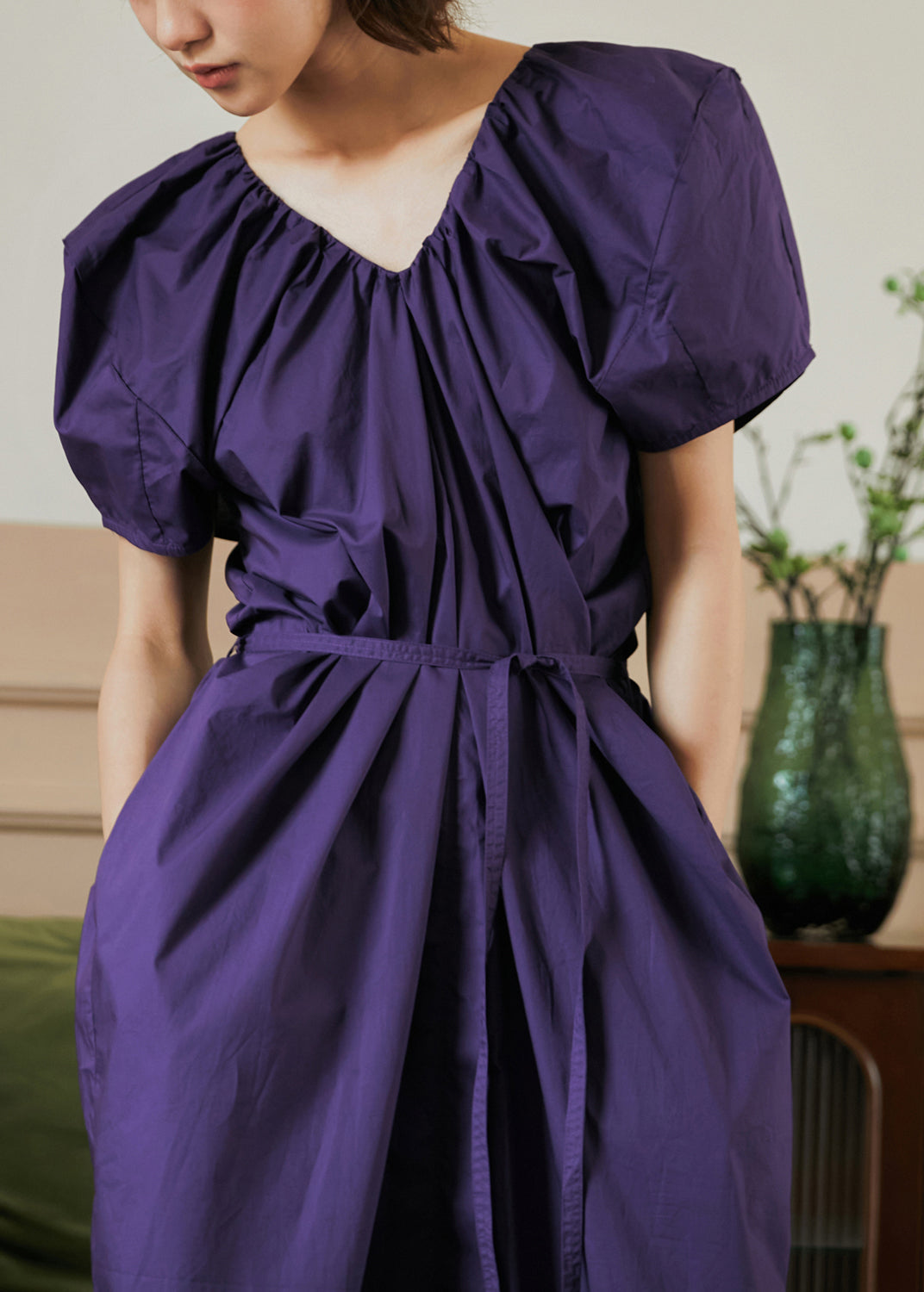 French Grey V Neck Puff Sleeve Cotton Long Dresses
