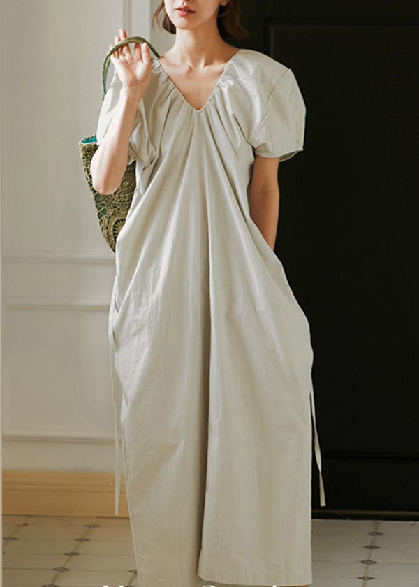 French Grey V Neck Puff Sleeve Cotton Long Dresses