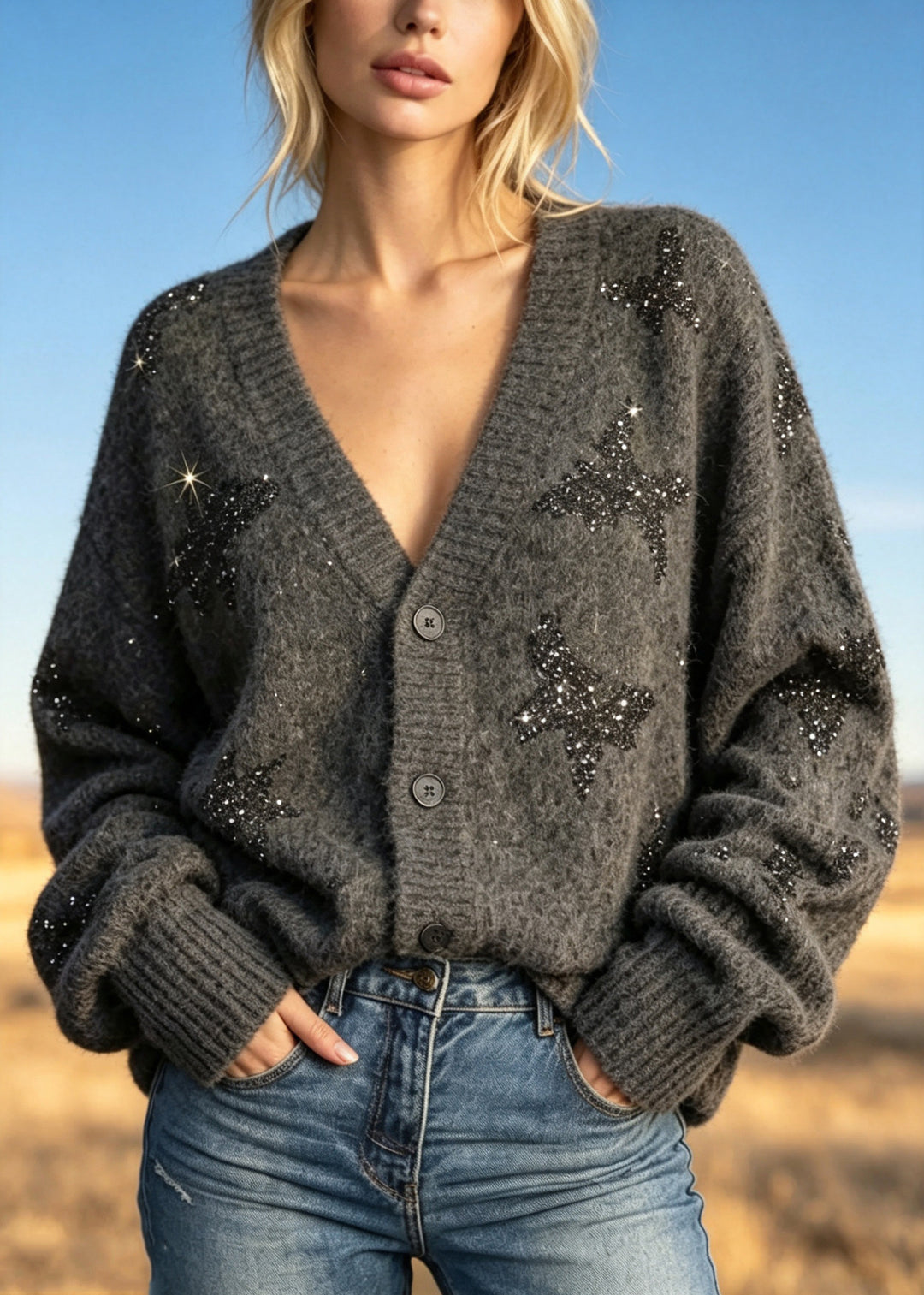 French Grey V Neck Sequins Button Knit Cardigans Fall