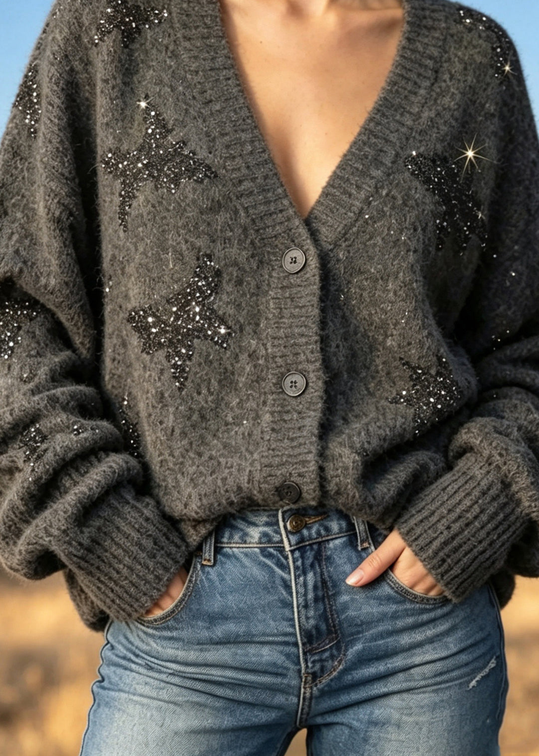 French Grey V Neck Sequins Button Knit Cardigans Fall