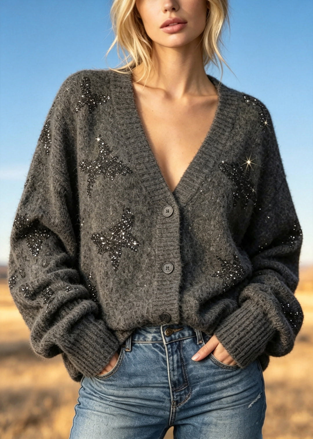 French Grey V Neck Sequins Button Knit Cardigans Fall