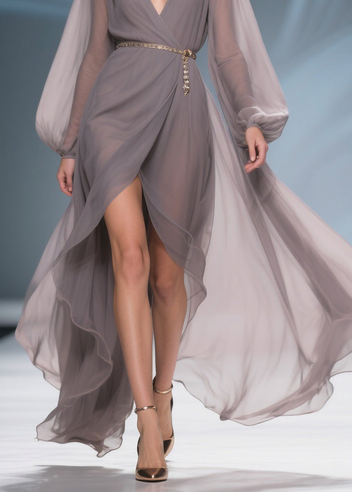 French Grey V Neck Side Open Chiffon Long Dresses Spring