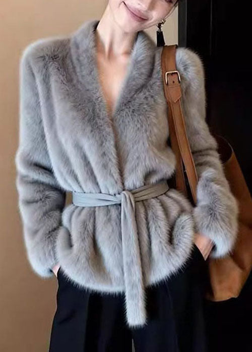 French Grey V Neck Tie Waist Faux Mink Hair Coat Winter