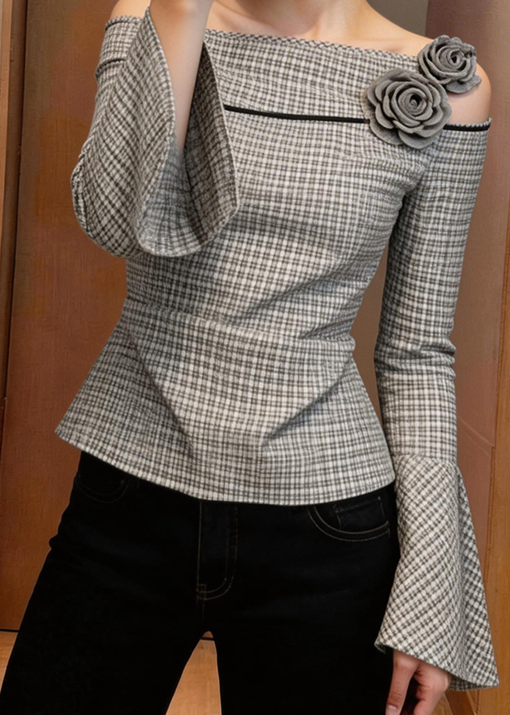 French Grey White Plaid Floral Slash Neck Top Flare Sleeve