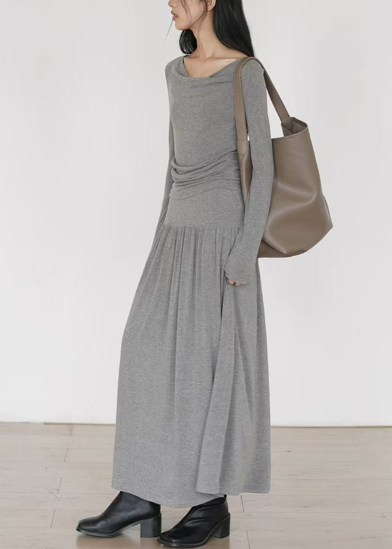 French Grey Wrinkled Cotton Two-Piece Set Long Sleeve
