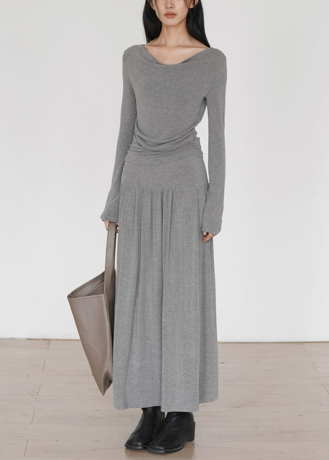French Grey Wrinkled Cotton Two-Piece Set Long Sleeve