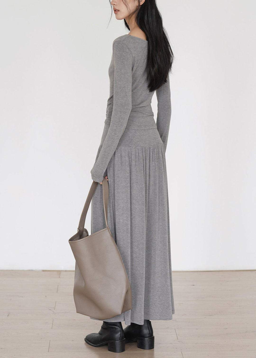 French Grey Wrinkled Cotton Two-Piece Set Long Sleeve