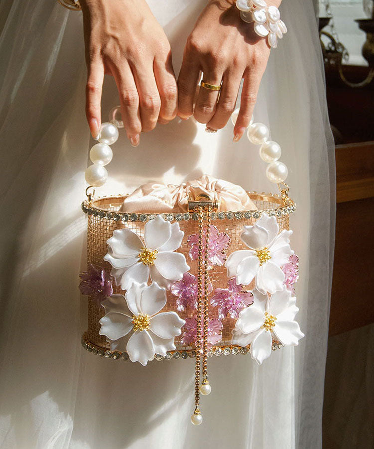 French Handmade Purple Pearl Flower Zircon Bucket Bag