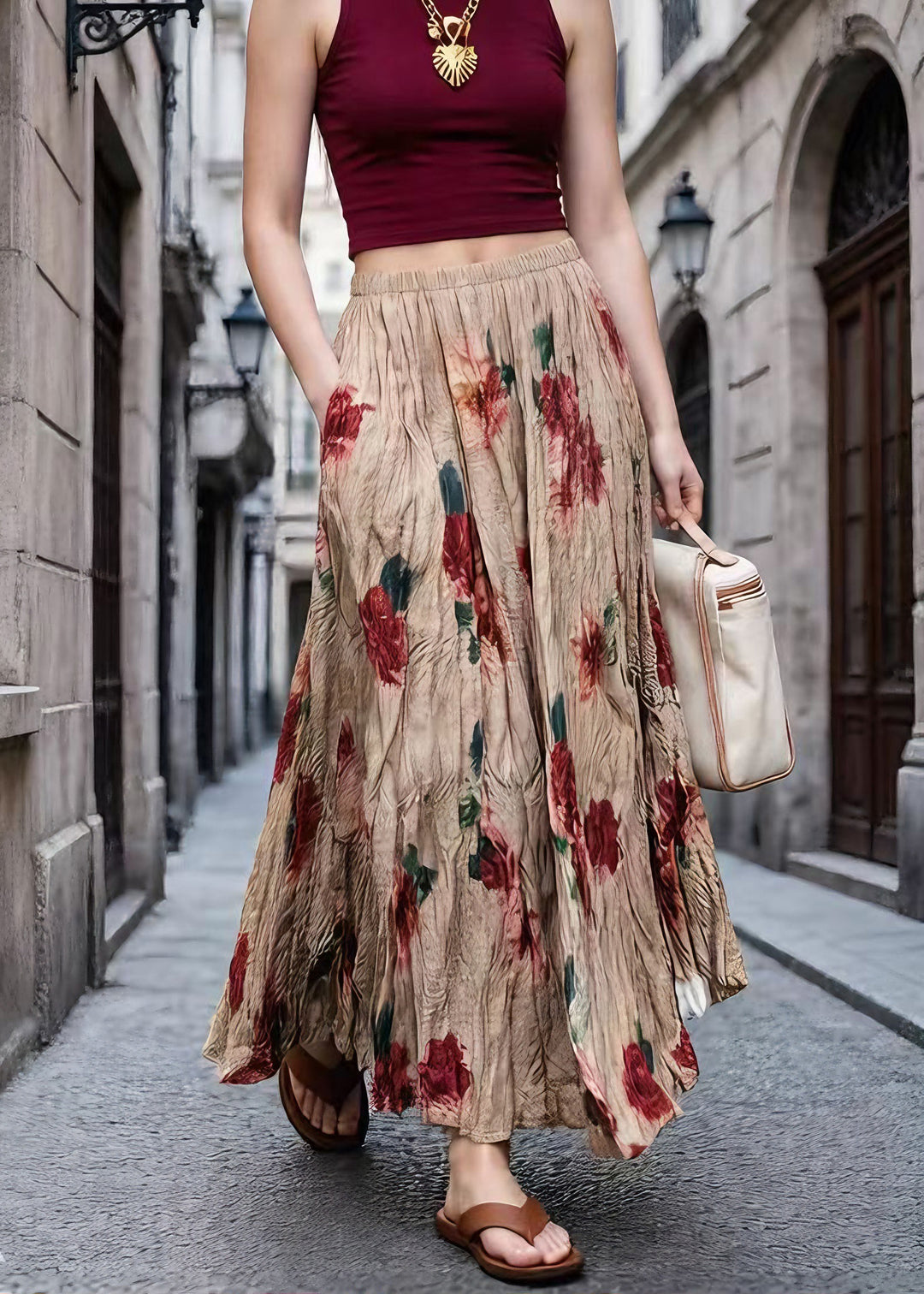 French High Waist Print Wrinkled Polyester Skirts Summer