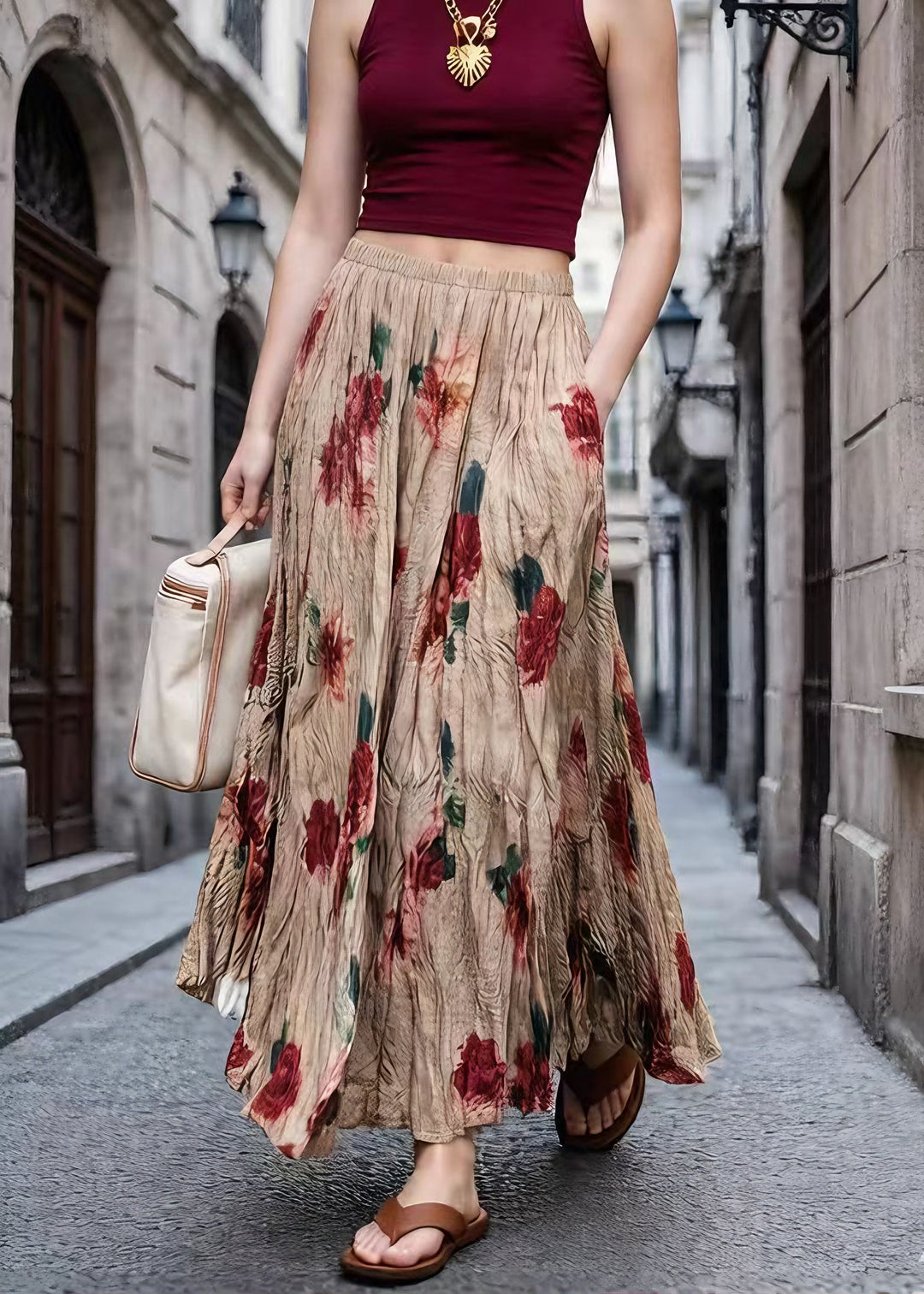 French High Waist Print Wrinkled Polyester Skirts Summer
