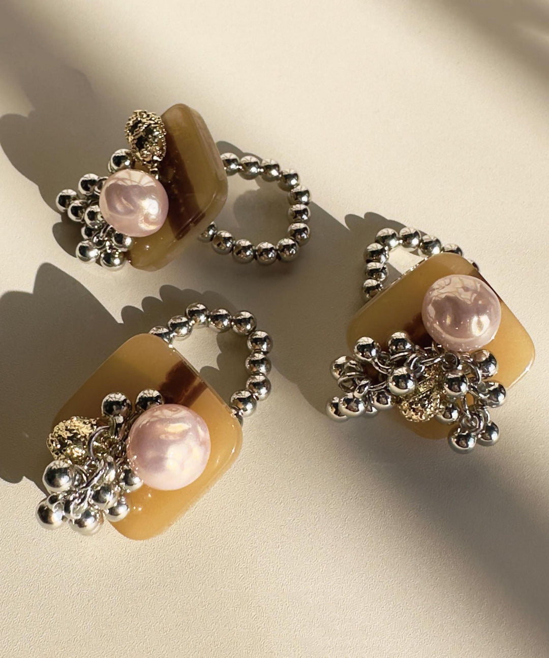 French Irregular Bead Tassel Button Alloy Ring