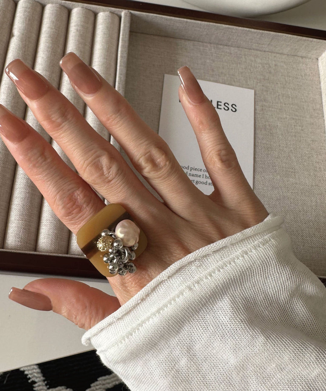 French Irregular Bead Tassel Button Alloy Ring