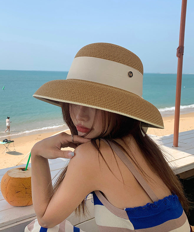 French Khaki Bow Straw Woven Holiday Style Beach Bucket Hat