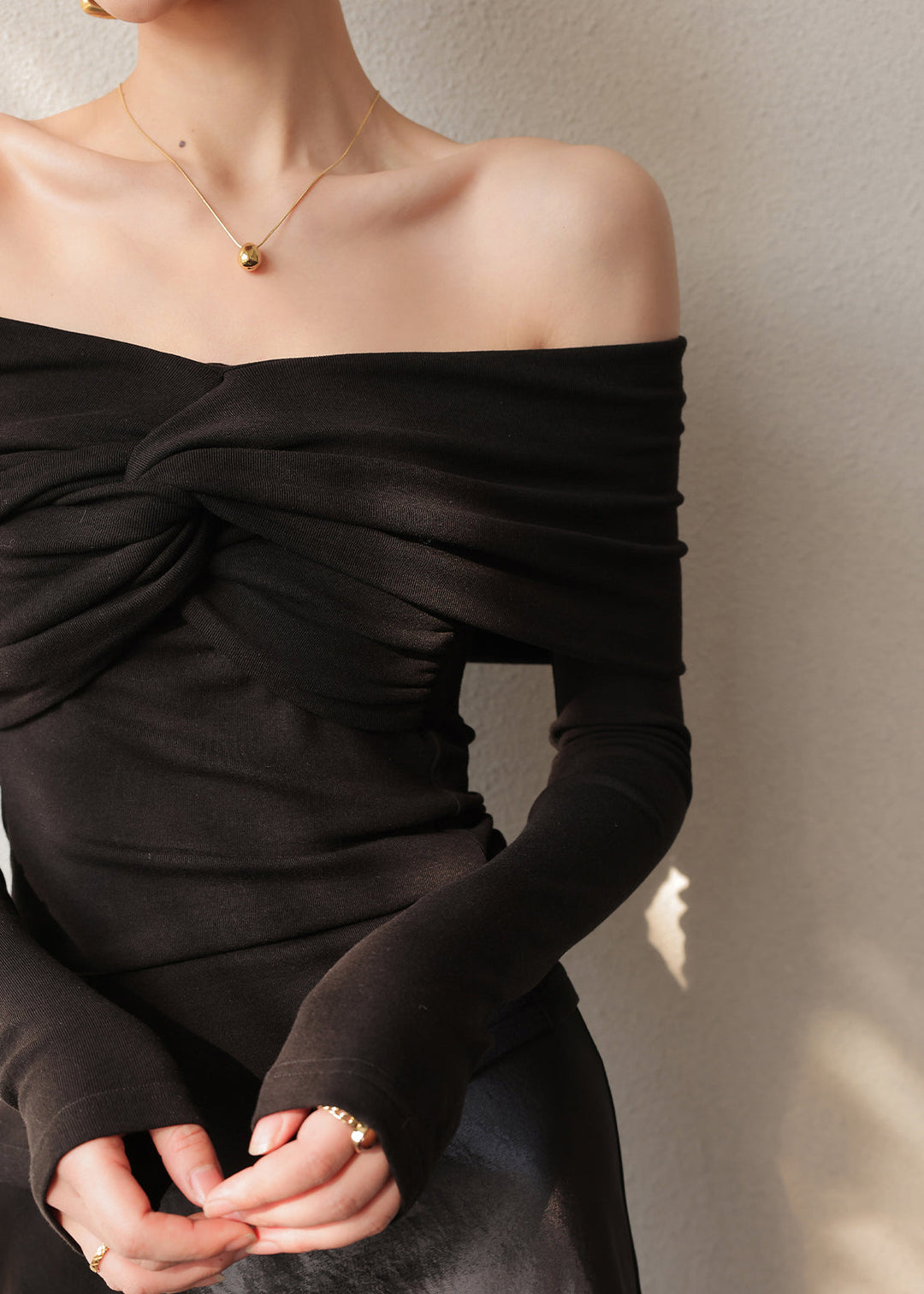 French Khaki Cold Shoulder Cotton Shirt Tops Spring