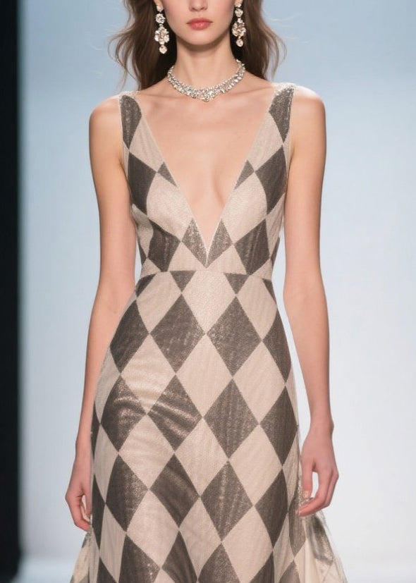French Khaki Deep-V Neck Plaid Chiffon Dinner Dress Summer