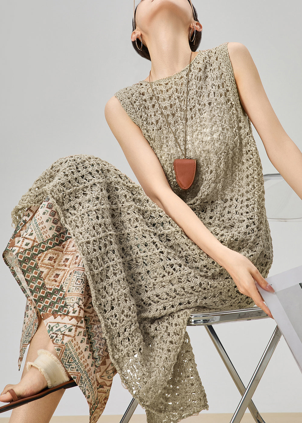 French Khaki Hollow Out Knit Dress And Print Skirts Two Pieces Set Sleeveless