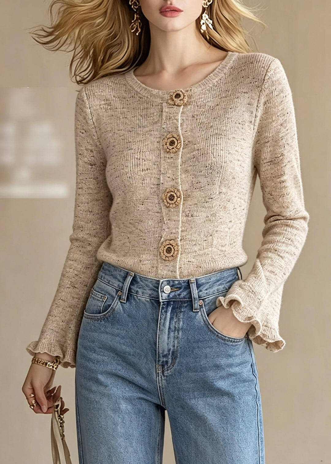 French Khaki O-Neck Button Cotton Knit Cardigans Fall