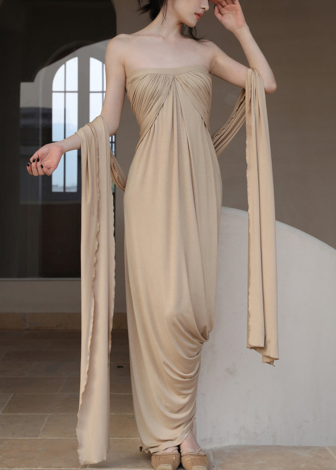 French Khaki Off The Shoulder Wrinkled Cotton Long Dresses Sleeveless