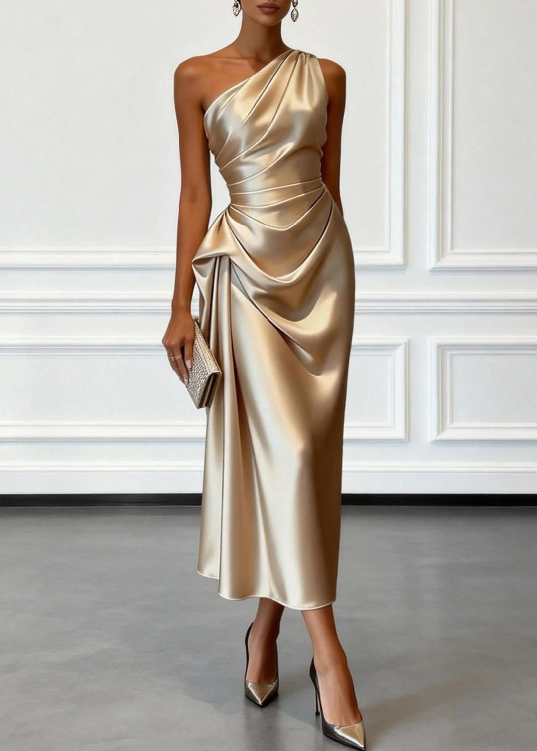 French Khaki One Shoulder Wrinkled Silk Dresses Summer