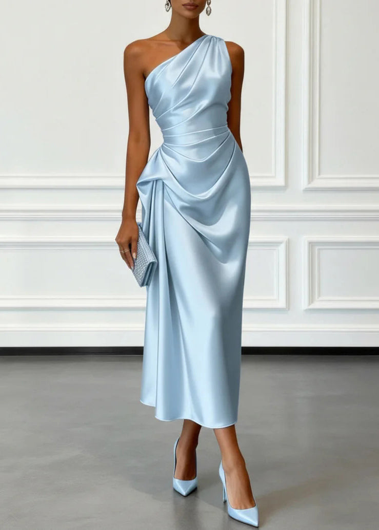 French Khaki One Shoulder Wrinkled Silk Dresses Summer