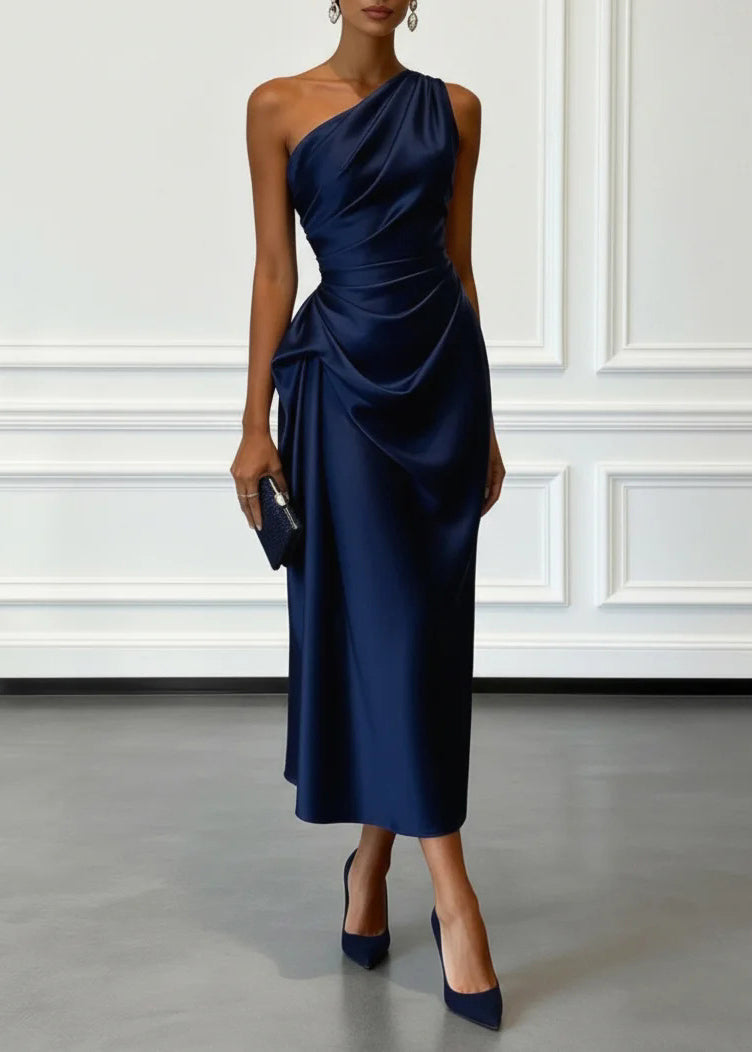 French Khaki One Shoulder Wrinkled Silk Dresses Summer