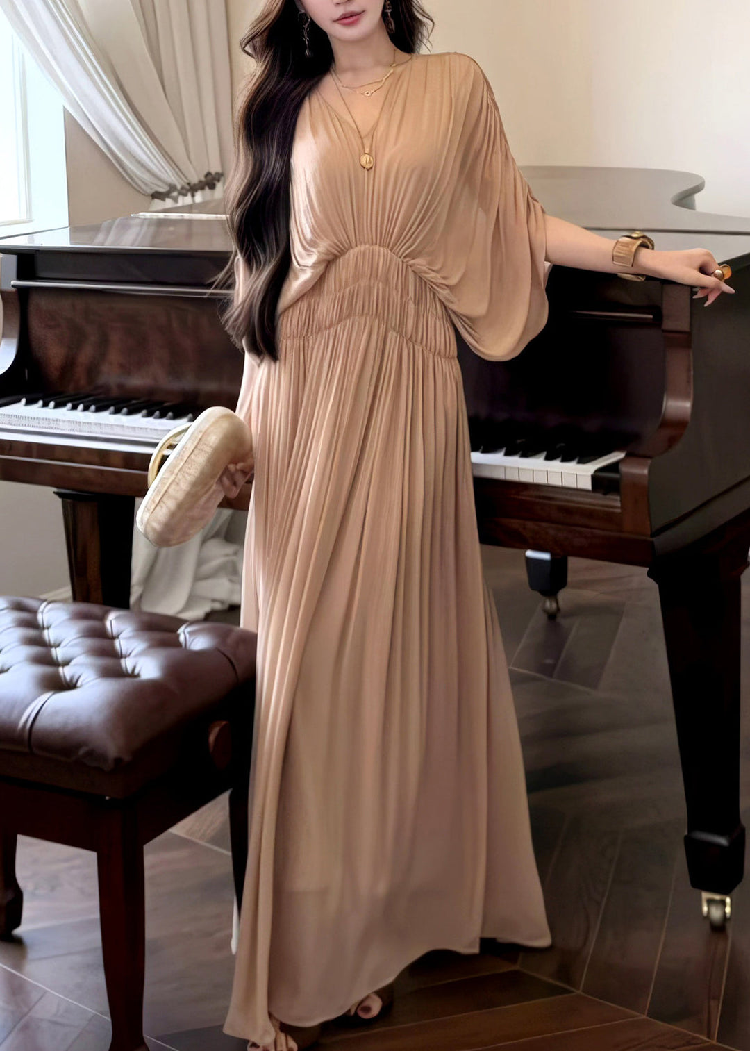 French Khaki Oversized Chiffon Robe Dresses Batwing Sleeve
