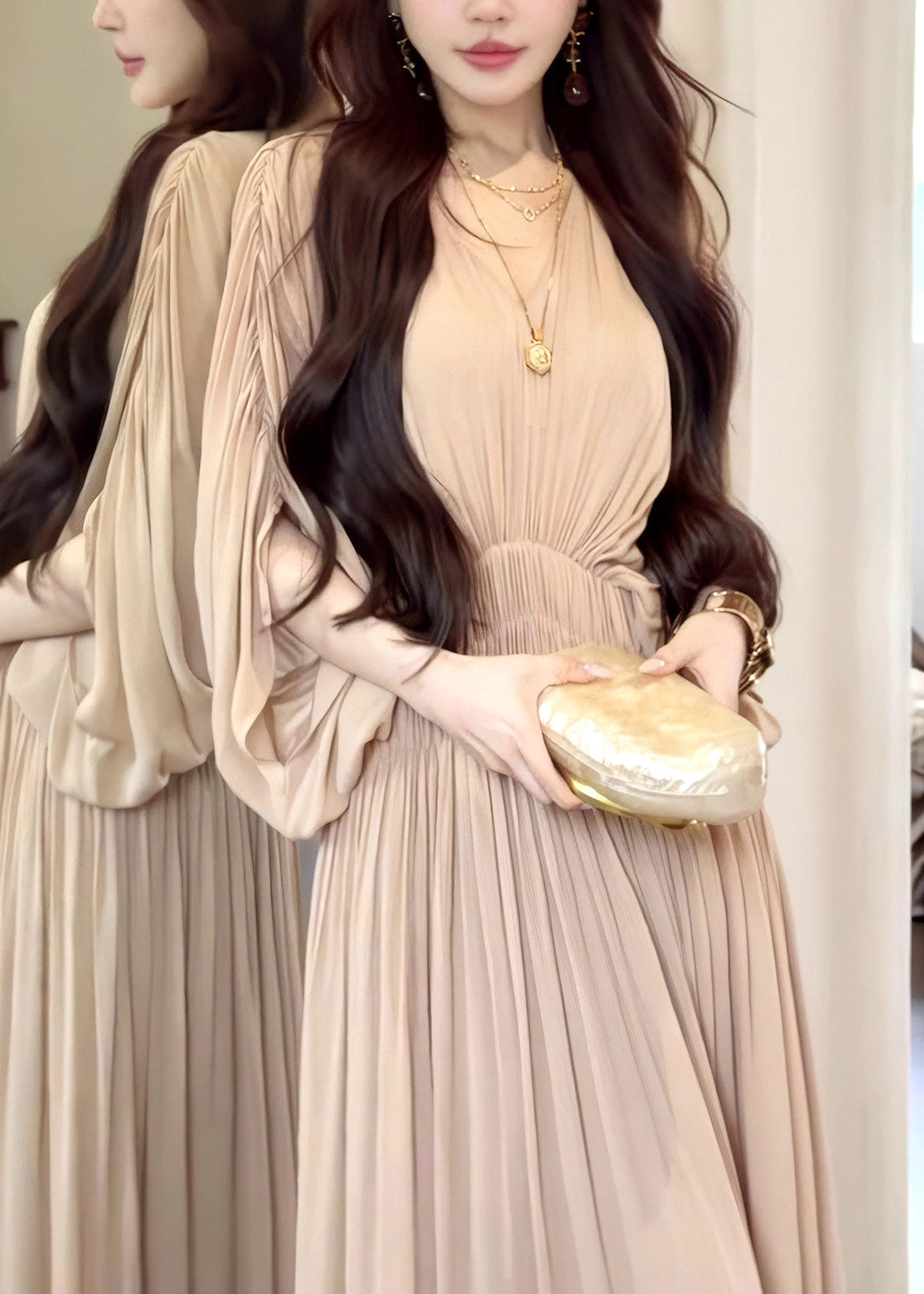 French Khaki Oversized Chiffon Robe Dresses Batwing Sleeve