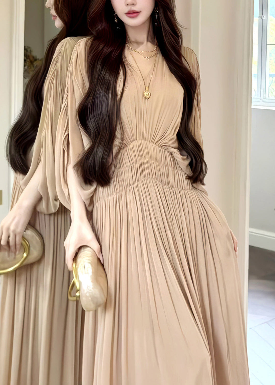 French Khaki Oversized Chiffon Robe Dresses Batwing Sleeve