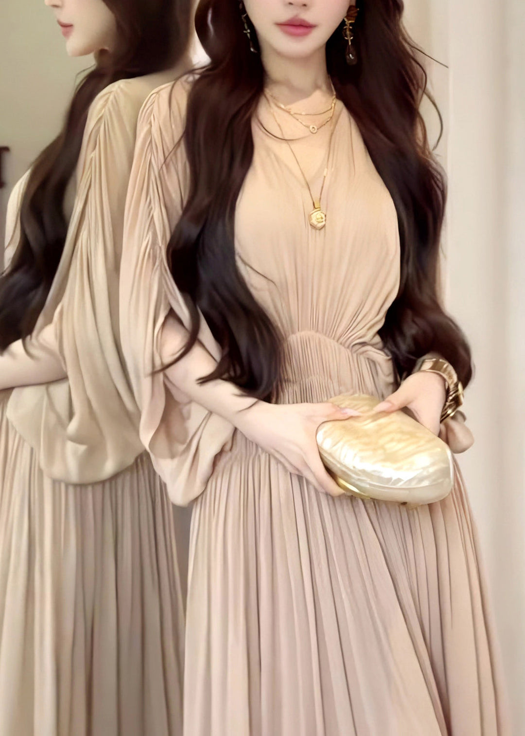 French Khaki Oversized Chiffon Robe Dresses Batwing Sleeve
