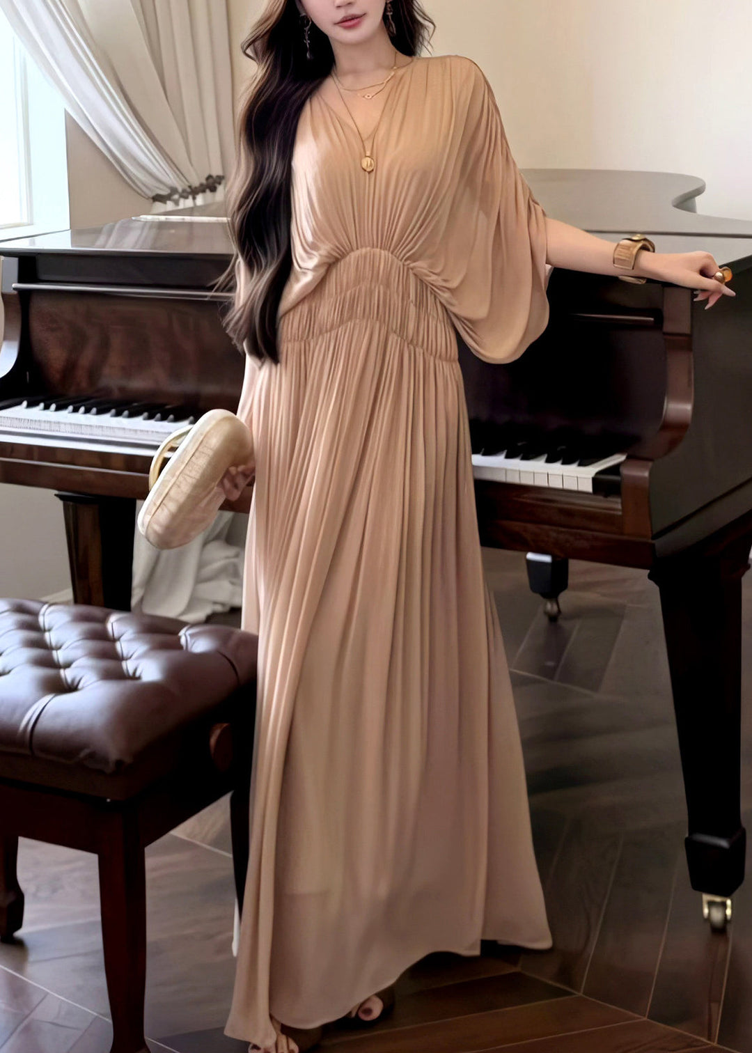 French Khaki Oversized Chiffon Robe Dresses Batwing Sleeve