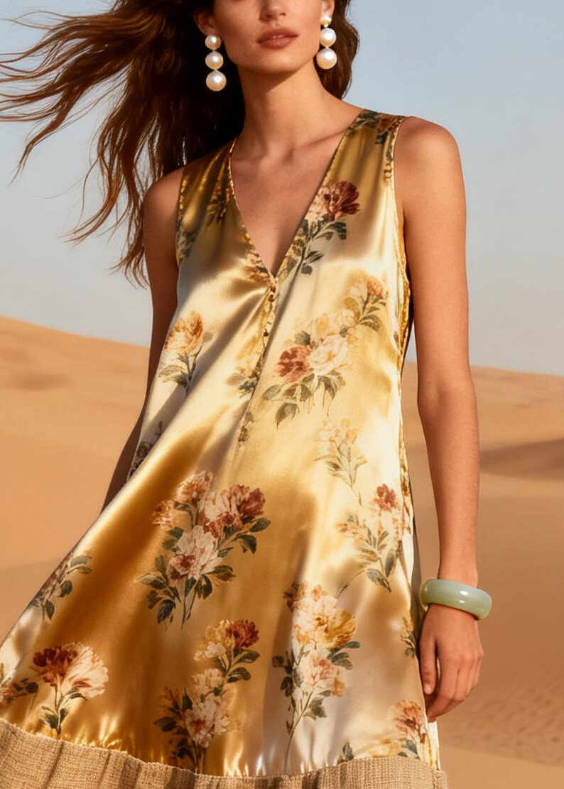 French Khaki Oversized Patchwork Silk Holiday Dress Summer