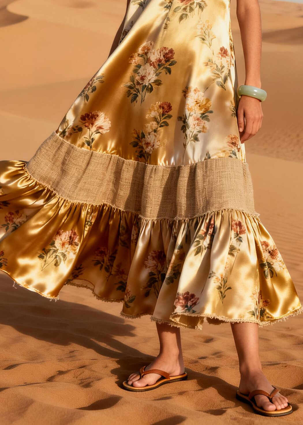 French Khaki Oversized Patchwork Silk Holiday Dress Summer