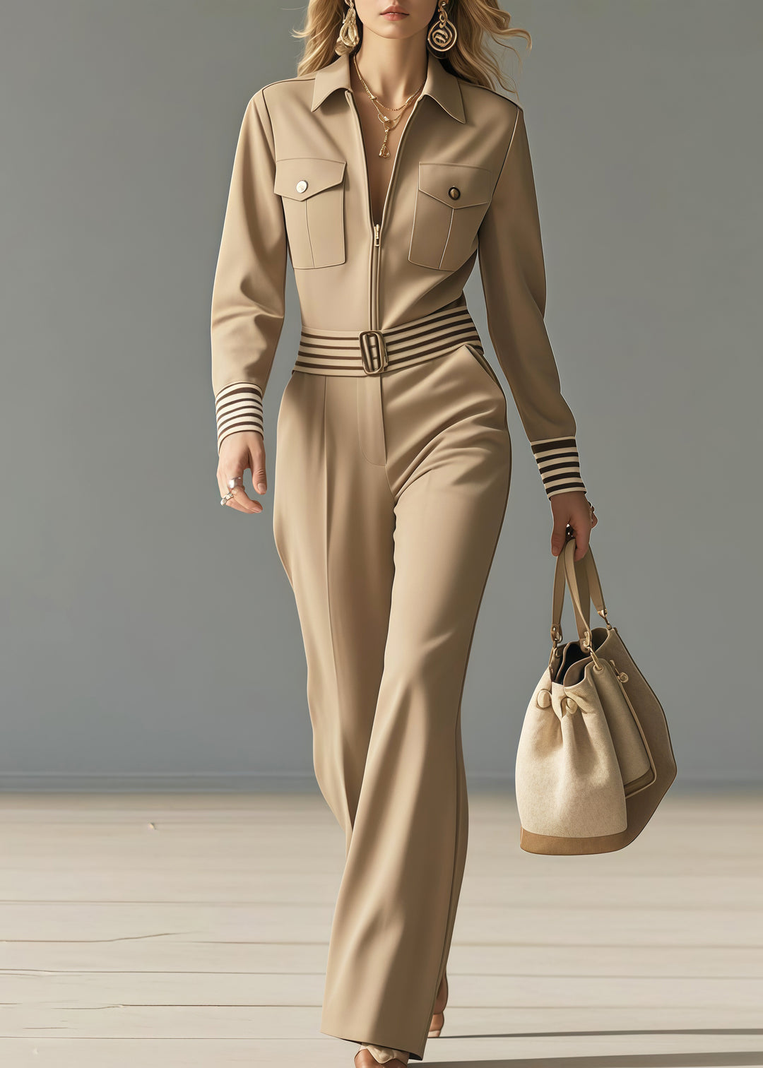 French Khaki Peter Pan Collar Pockets Spandex Overalls Jumpsuit Spring