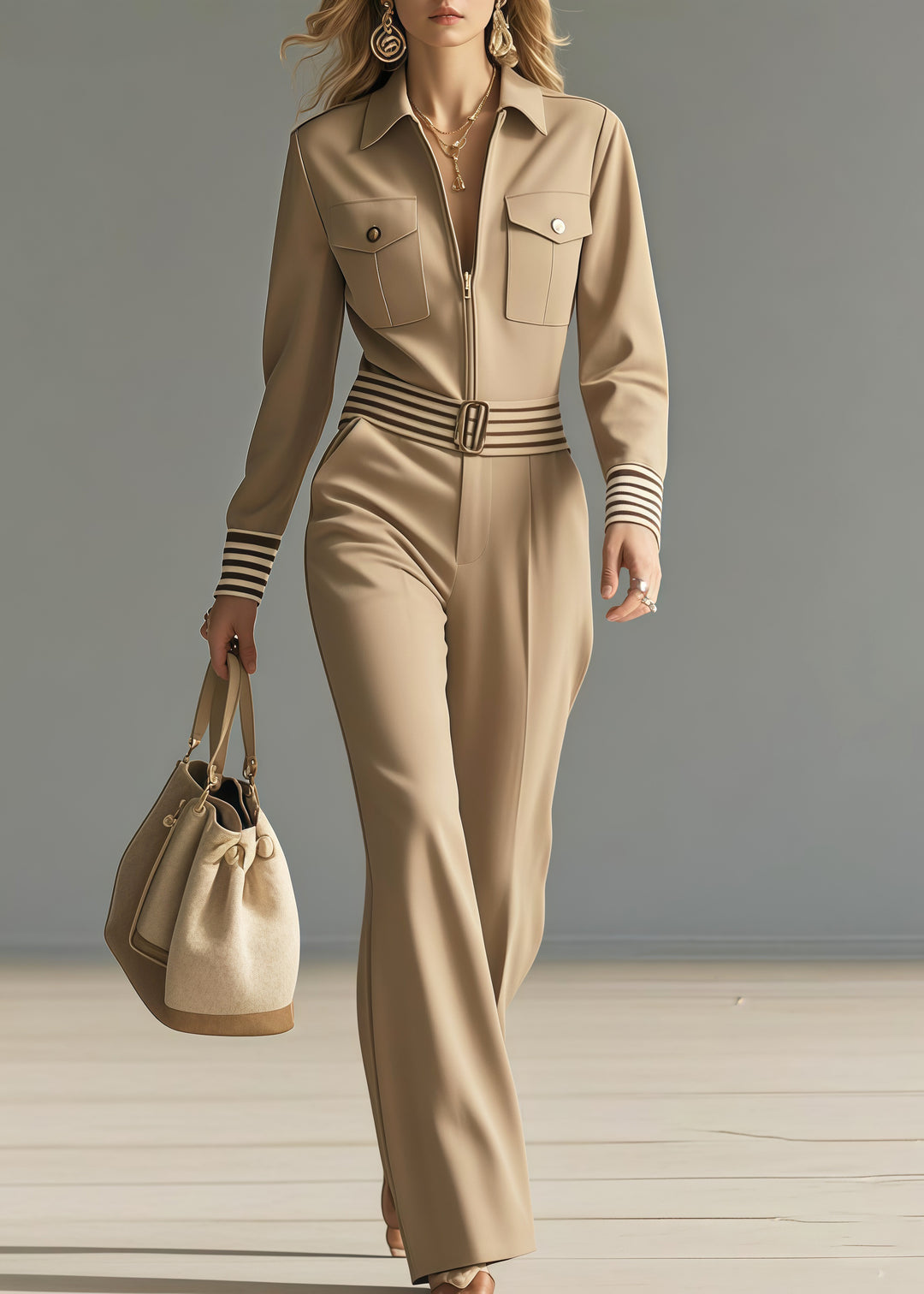 French Khaki Peter Pan Collar Pockets Spandex Overalls Jumpsuit Spring