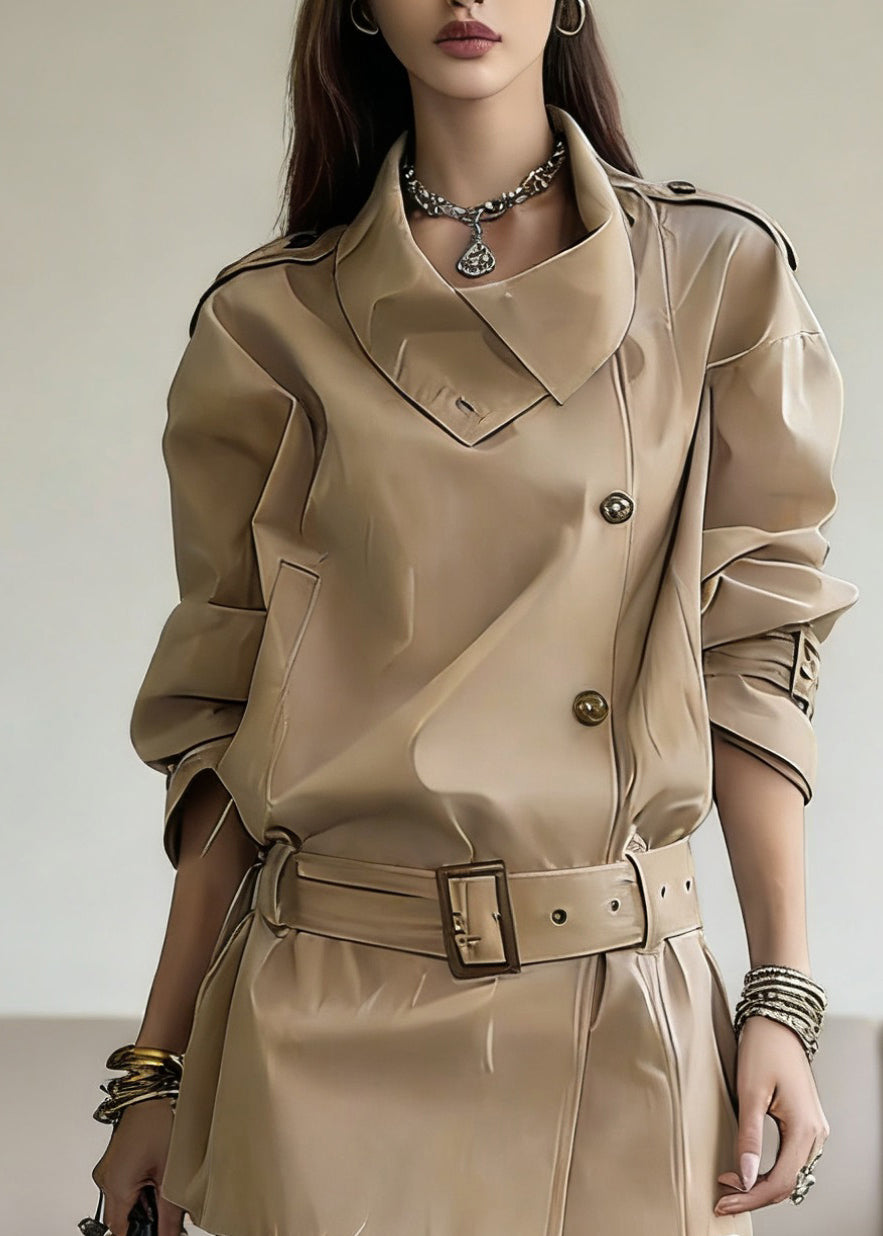 French Khaki Peter Pan Collar Sashes Patchwork Coats Spring - Omychic