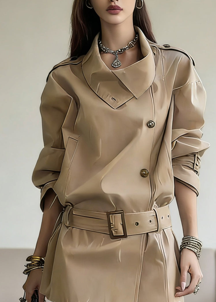 French Khaki Peter Pan Collar Sashes Patchwork Coats Spring - Omychic