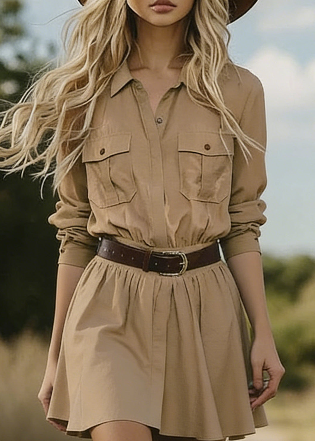 French Khaki Peter Pan Collar Wrinkled Cotton Mini Dress Spring