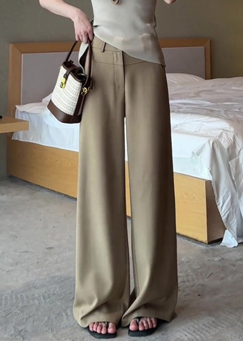 French Khaki Pockets High Waist Solid Spandex Pants Fall