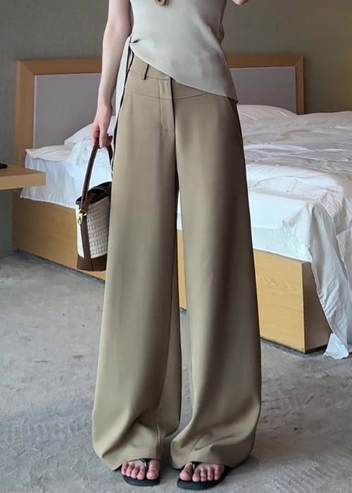 French Khaki Pockets High Waist Solid Spandex Pants Fall