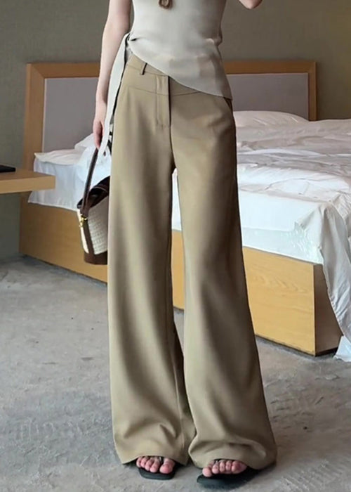 French Khaki Pockets High Waist Solid Spandex Pants Fall