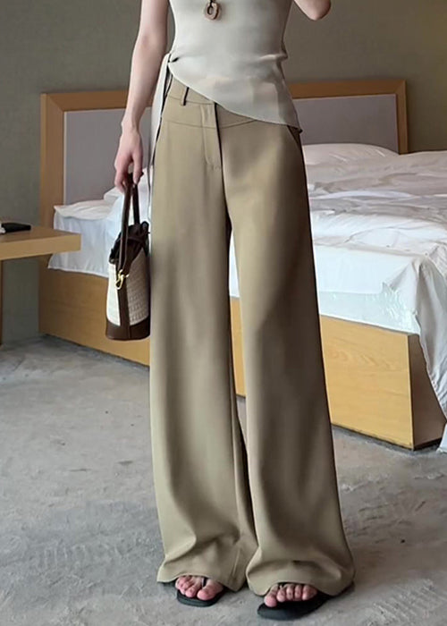 French Khaki Pockets High Waist Solid Spandex Pants Fall
