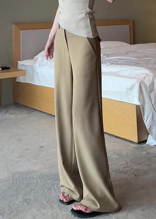 French Khaki Pockets High Waist Solid Spandex Pants Fall